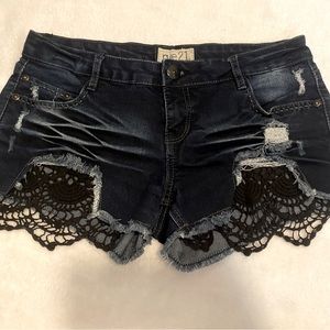 Denim Black Crochet Accent Slightly Destructed Shorts